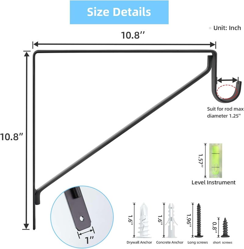 WEKIS 10-Pack Closet Rod Bracket, 10.8x10.8Inch Closet Shelf Brackets Heavy Duty Wall Mounted, Matte Black Steel Closet Rod Support Brackets Holder, 300 Lbs Load Capacity with Anchors Screws - Image 2